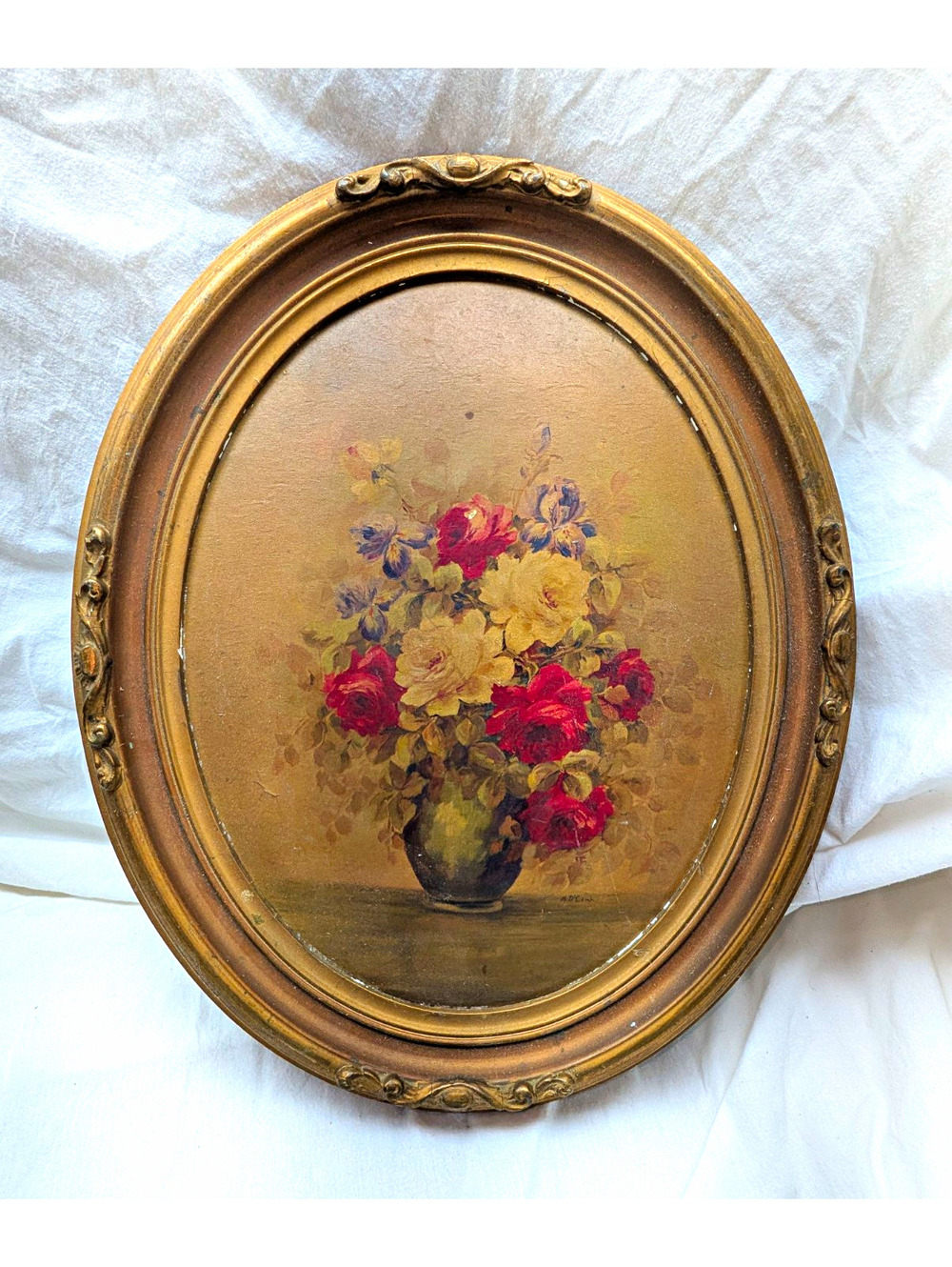 Vintage Ornate Oval Gold Wood Picture Frame Floral, art by M. decamp vintage